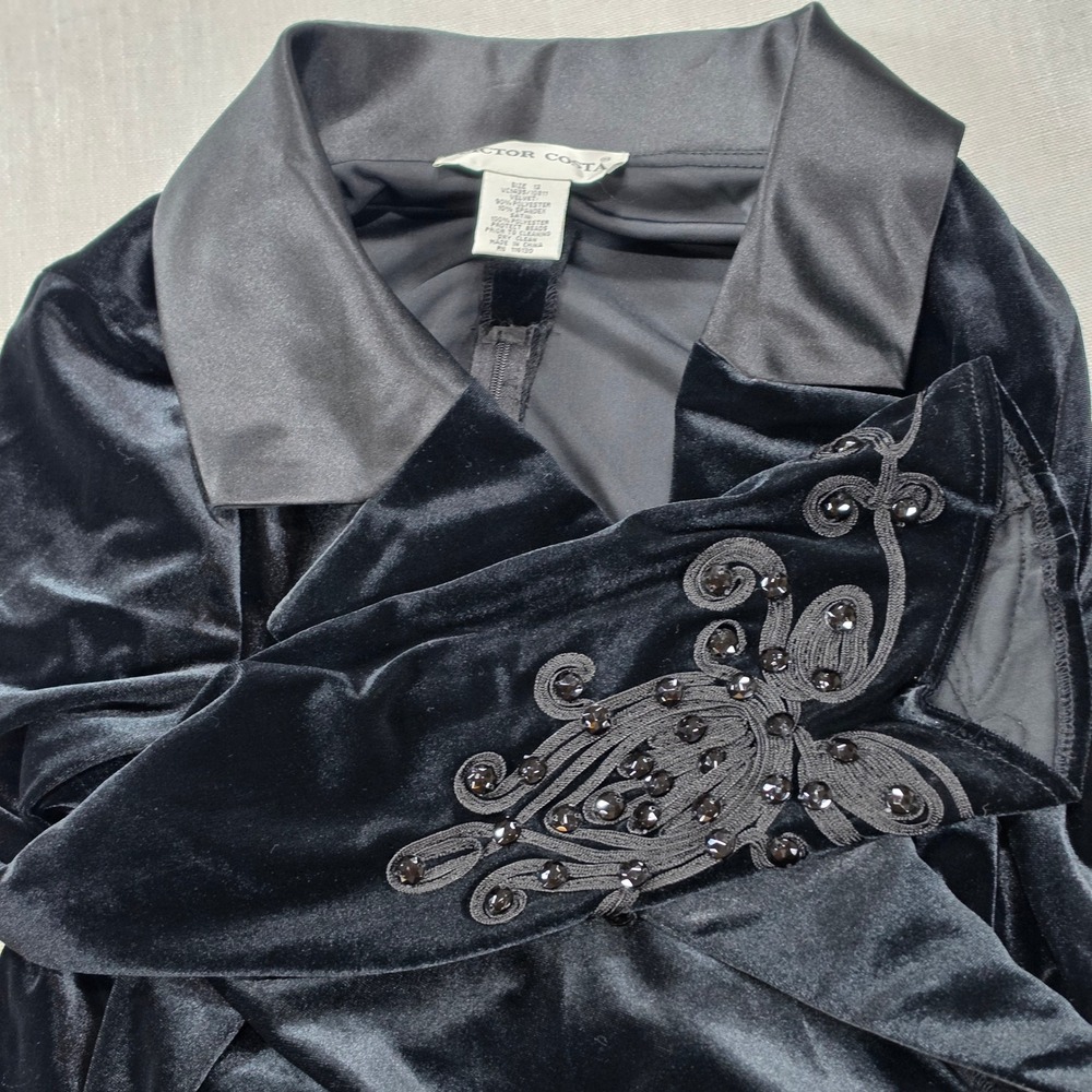 Victor Costa Wrap Blouse Womens 10 Black Excellent Velvet Beaded Satin Collar